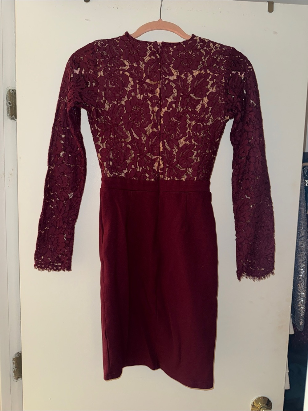 Lulu's Burgundy Lace Long-Sleeve V-Neck Sheath Dress - Picture 3 of 4